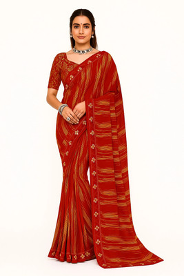AGANTUK FASHION Printed Saree with Attached Blouse Chiffon Saree(Red)