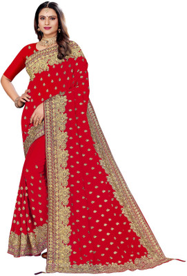 DEV SHREE SILK Self Design, Embroidered, Woven Bollywood Georgette Saree(Red)