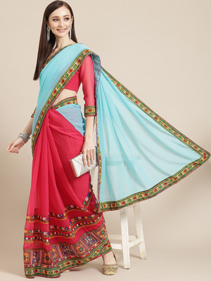 Divastri Embellished, Solid/Plain Bollywood Georgette Saree(Pink, Light Blue)