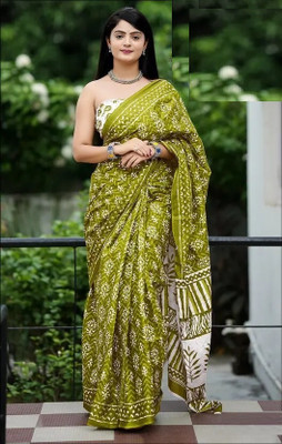HouseOfCommon Floral Print Bollywood Chanderi Saree(Green)