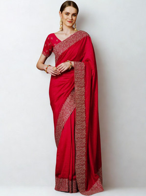 NIVACREATIONS Embroidered Assam Silk Pure Silk Saree(Red)
