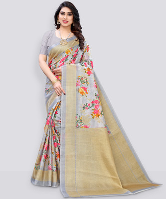 Fabwomen Printed Daily Wear Pure Silk Saree(Grey)