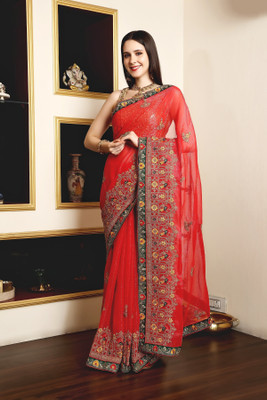 RISHAHA Embroidered Hand Batik Chiffon Saree(Pack of 2, Red)