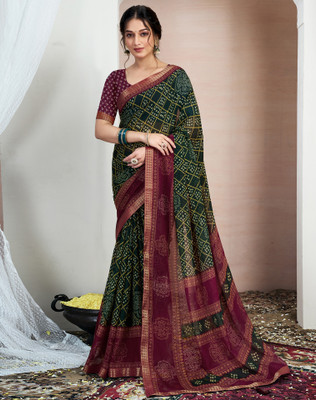 Divastri Printed, Embellished Bandhani Chiffon, Georgette Saree(Green, Maroon)