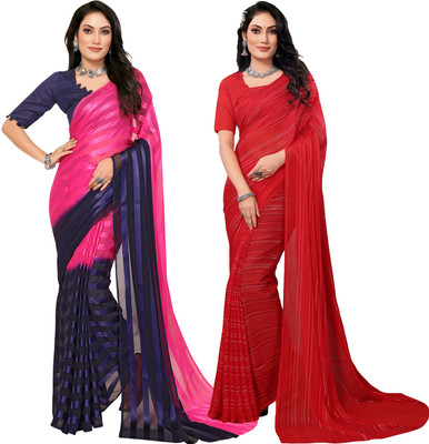 Moda Rapido Self Design, Striped, Ombre Bollywood Satin Saree(Pack of 2, Pink, Blue)