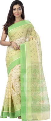 PuJoy Self Design Handloom Pure Cotton Saree(Green)
