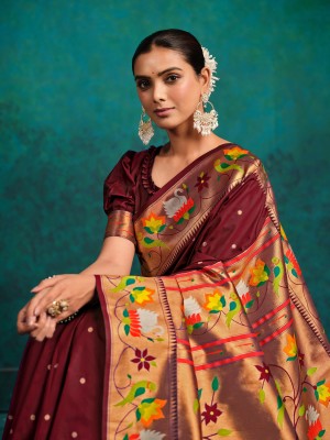 Divastri Woven Paithani Pure Silk Saree(Brown)