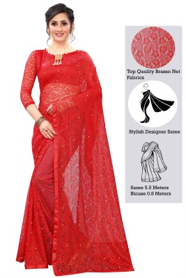 VANRAJ CREATION Self Design Bollywood Net, Brasso Saree(Red)