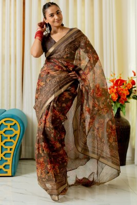 MIRCHI FASHION Printed Kota Doria Polyester Saree(Brown, Orange)