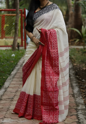 BalikaTextile Printed Handloom Cotton Blend Saree(Cream, Red, Black)
