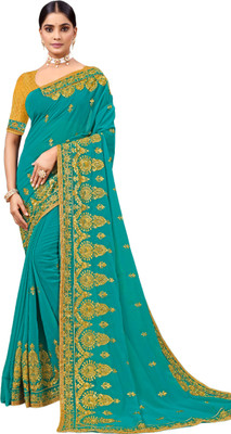 KHRITI FAB Embroidered, Floral Print Bollywood Net Saree(Light Blue)