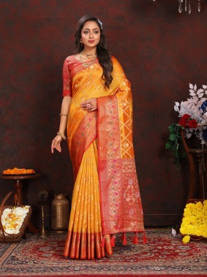 Niwaa Printed, Self Design, Embellished, Woven, Animal Print, Blocked Printed Paithani Jacquard, Silk Blend Saree(Yellow)