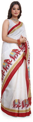 Aangan Silk Animal Print Daily Wear Silk Blend Saree(White, Red)