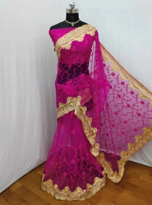 MIYANIFAB Embroidered, Floral Print Bollywood Net Saree(Pink)