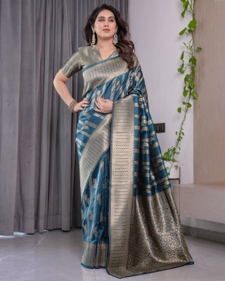 KB DESIGNER Woven, Self Design, Striped Dharmavaram Pure Silk Saree(Dark Blue)