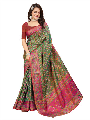 kartavya Printed Patola Silk Blend Saree(Magenta)
