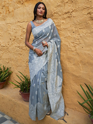 Janasya Woven Banarasi Cotton Linen Saree(Grey)