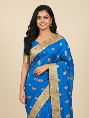 Anugrah Textile Embroidered Banarasi Lycra Blend, Chiffon Saree(Blue)