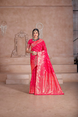 AAI DEEP IMPEX Self Design Banarasi Silk Blend Saree(Red, Pink)