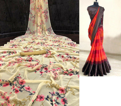 Sitanjali Floral Print Bollywood Georgette Saree(Pack of 2, Yellow)