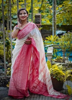 Maatarasaree Printed Tant Cotton Blend Saree(White)