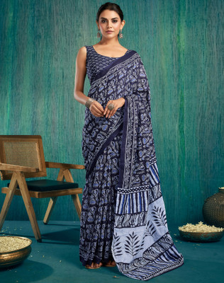 SIRIL Geometric Print, Printed Ikkat Cotton Blend Saree(Dark Blue, White)