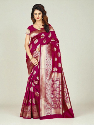 LARYZA Woven Banarasi Jacquard Saree(Dark Green, Silver)