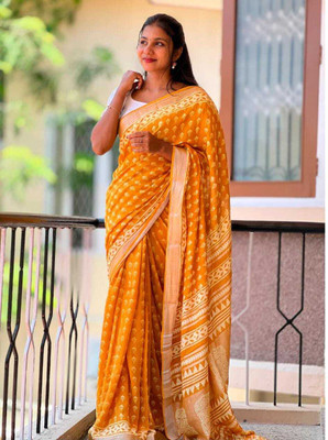 Luxury Silk Blocked Printed Hand Batik Handloom Cotton Blend Saree(Yellow)