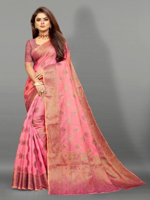 SWDHRM Printed, Self Design, Woven, Floral Print Banarasi Jacquard, Cotton Silk Saree(Pink)