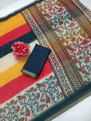 HangerStories Printed Kanjivaram Linen, Cotton Linen Saree(Black)