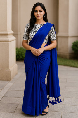 SMRITI HANDLOOM Solid/Plain Kalamkari Handloom Pure Cotton Saree(Blue, White)