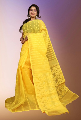 Happy Creation Printed Jamdani Handloom Cotton Blend Saree(Yellow)