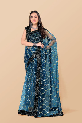 JAY RAMDEV FASHION Embroidered Bollywood Net Saree(Light Blue)