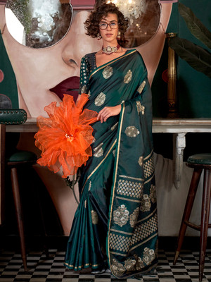 ANOUK Woven Banarasi Satin, Silk Blend Saree(Dark Green)