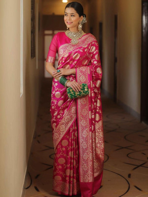 Rudr Ventures Embroidered Banarasi Silk Blend Saree(Pink)