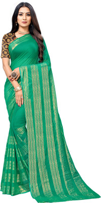 Aardiva Striped Bollywood Chiffon Saree(Dark Green)