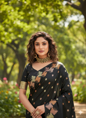 CKDESIGNER Woven Banarasi Jacquard Saree(Black)