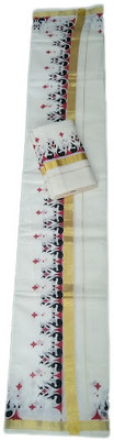 KERALA STYLE COTTON SAREE Printed Daily Wear Pure Cotton Saree(White)