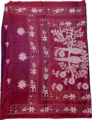 Anuradha Bhattacharjee Embroidered Handloom Pure Silk Saree(Red)