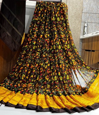 Hensi sarees shop Printed Kovai Chiffon, Satin Saree(Yellow)