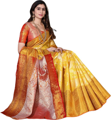 LAVYANSH CREATION Woven, Self Design Kanjivaram Silk Blend, Jacquard Saree(Yellow)