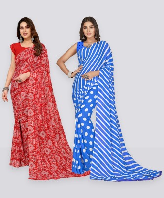 Anand Sarees Floral Print, Polka Print, Ombre, Printed Bollywood Georgette Saree(Pack of 2, Light Blue, Red)