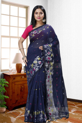 PuJoy Self Design, Paisley Handloom Pure Cotton Saree(Dark Blue)