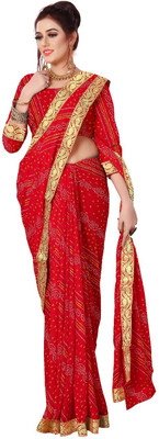 Kanooda Prints Printed Bandhani Georgette Saree(Red)
