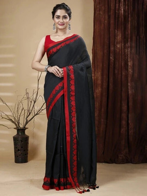 DURGA SAREE MALL Solid/Plain Handloom Pure Cotton Saree(Black)