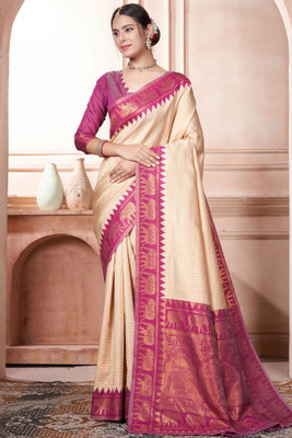 ROOP LAVANYA Woven Kanjivaram Jacquard, Art Silk Saree(Cream, Pink)