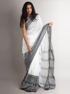 ACHOL Woven Daily Wear Pure Cotton Saree(White, Black)