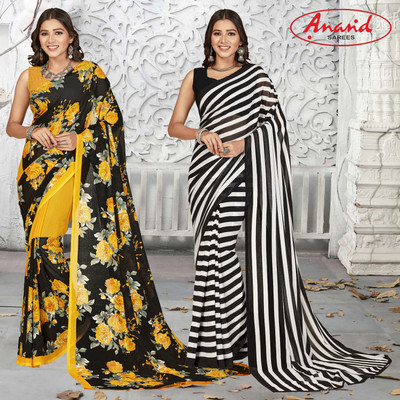 Anand Sarees Floral Print Daily Wear Georgette Saree(Pack of 2, Yellow, Multicolor)