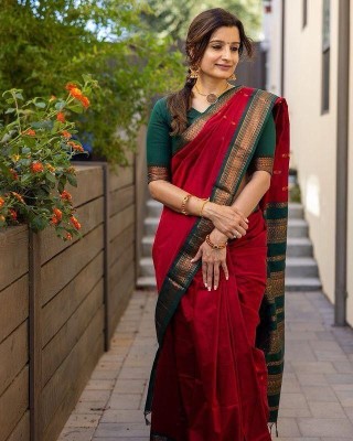 dhruvisha creation Self Design Bollywood Cotton Silk Saree(Red, Green)