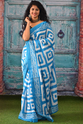 Kiaaron Printed Ikkat Pure Cotton Saree(Blue)
